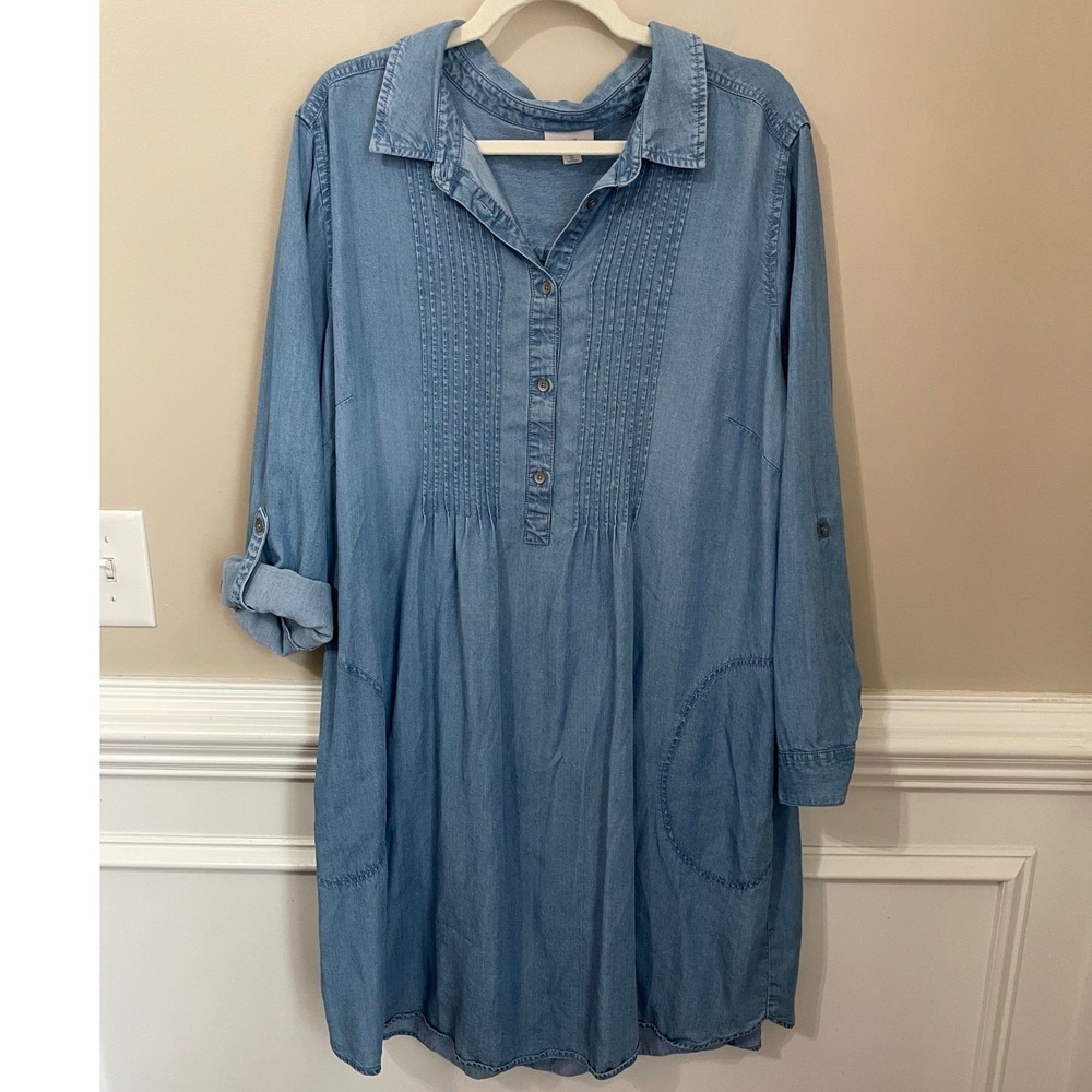 J.Jill Blue Tencel Chambray Denim Pintuck Dress Size 2X Long Roll Tab Sleeve
